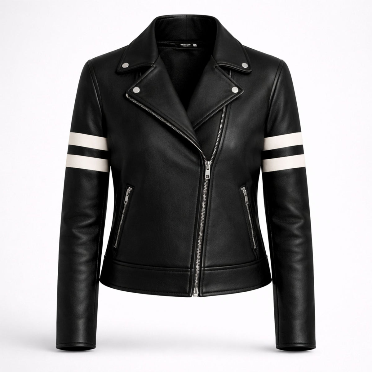 Women Black Leather Biker Jacket White Stripe Moto Style Outfit - RXD Leather 00358