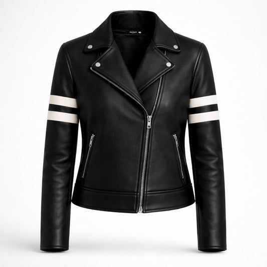 Women Black Leather Biker Jacket White Stripe Moto Style Outfit - RXD Leather 00358 2000