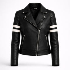 Women Black Leather Biker Jacket White Stripe Moto Style Outfit - RXD Leather 00358
