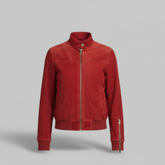 Women Red Suede Leather Bomber Moto Jacket Vintage Casual Fit - RXD Leather 00296