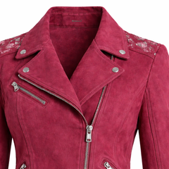 Women's Pink Real Suede Biker Leather Jacket Asymmetrical Zip Style - RXD Leather 00277 