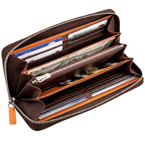 Orange and brown leather wallet open view – RXD Leather