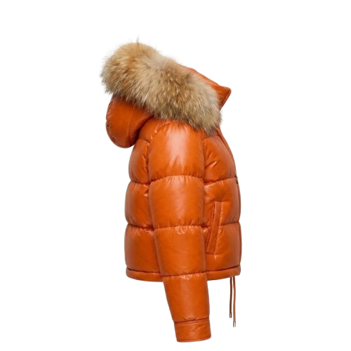 Women Orange Leather Puffer Jacket Faux Fur Hood Winter Style - RXD Leather 008