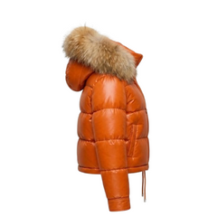 Women Orange Leather Puffer Jacket Faux Fur Hood Winter Style - RXD Leather 008