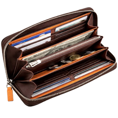 Leather Wallet Brown Orange Zipped Multi-Compartment - RXD Leather 0051