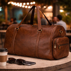 Brown Leather Gym Duffle Bag with Side Pocket Travel Fitness Bag - RXD Leather 0041