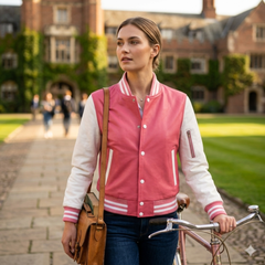 Women Pink White Varsity Bomber Jacket Casual Streetwear Style - RXD Leather 00364 