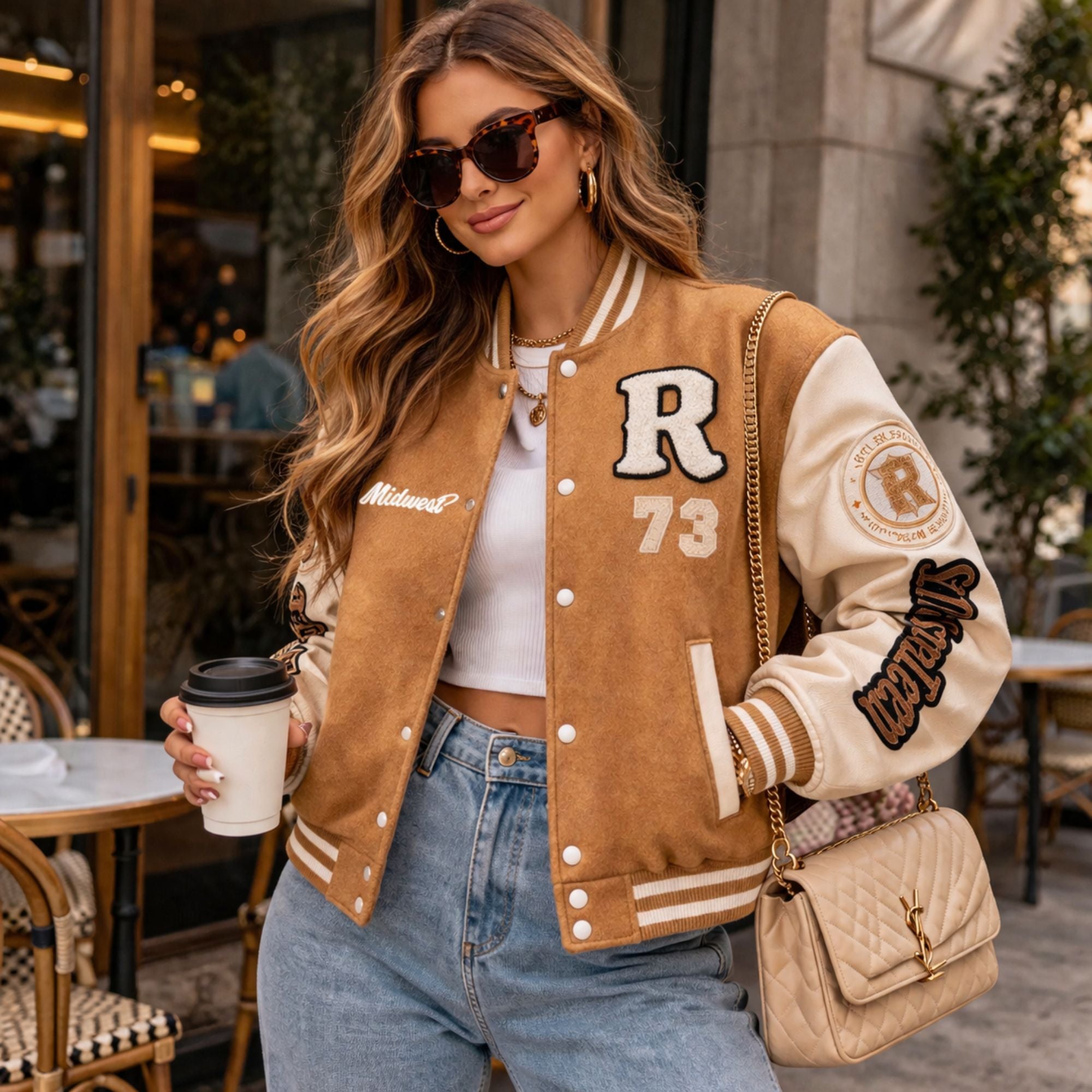 Women's camel varsity bomber with leather sleeves – RXD Leather