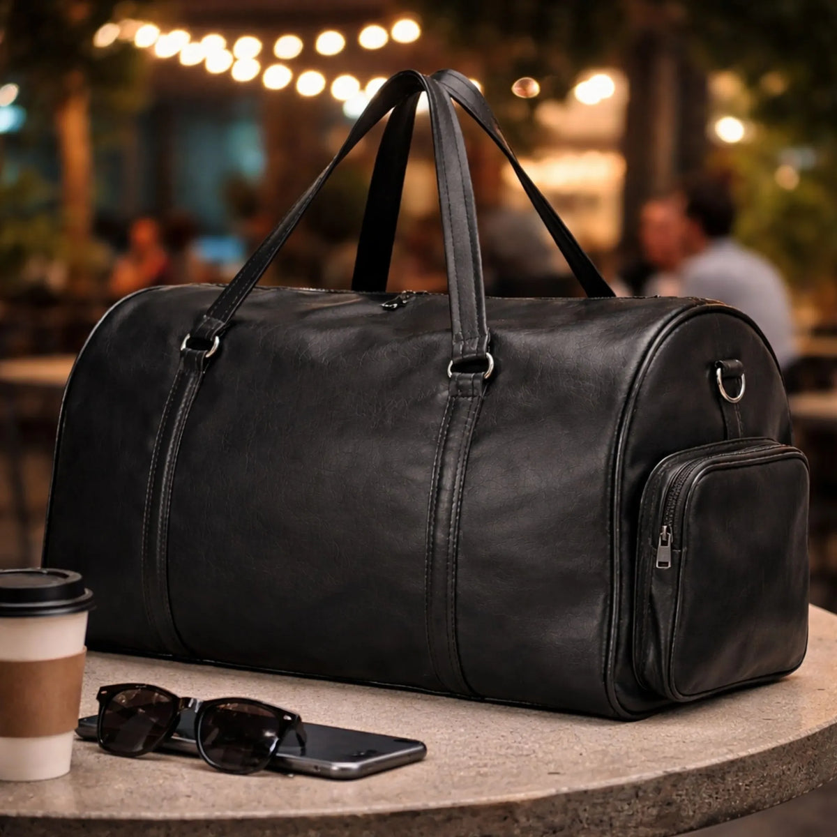 Black leather travel duffle bag with side pocket – RXD Leather