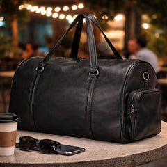 Black Leather Gym Duffle Bag with Side Pocket Travel Fitness Bag - RXD Leather 0042