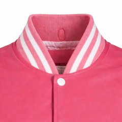 Women Pink White Varsity Bomber Jacket Casual Streetwear Style - RXD Leather 00364