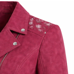 Women's Pink Real Suede Biker Leather Jacket Asymmetrical Zip Style - RXD Leather 00277 
