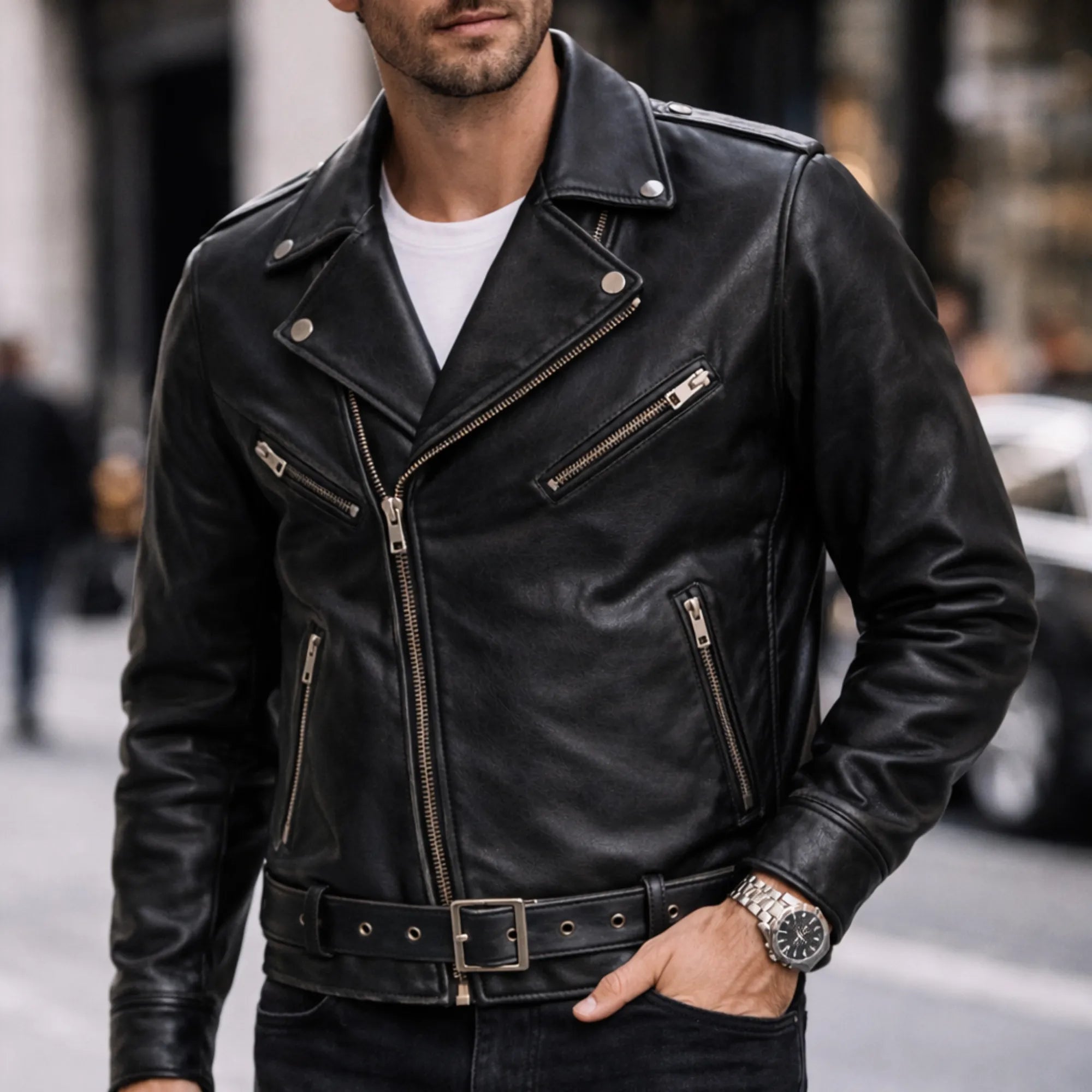 Mens Distressed Black Leather Brando Jacket Classic Biker Style - RXD Leather 0040 