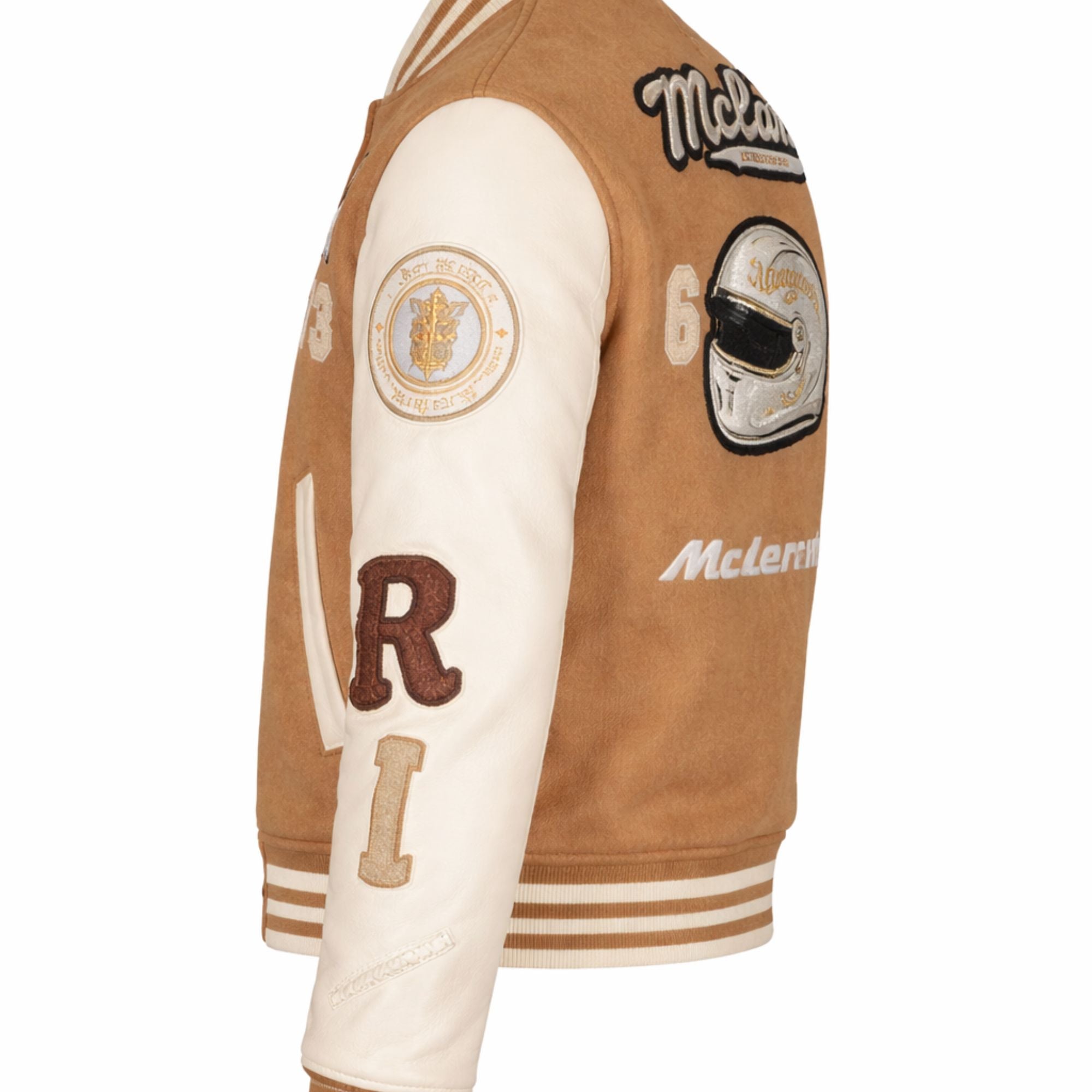 Women's camel varsity jacket with leather sleeves detail – RXD Leather