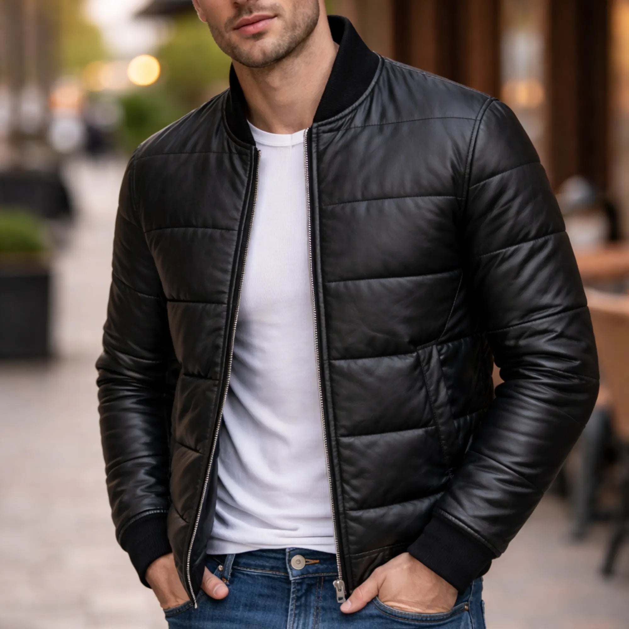 Mens Black Leather Puffer Jacket Shiny Winter Streetwear Style Outfits - RXD Leather 0025 