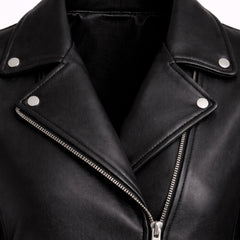 Women Black Leather Biker Jacket White Stripe Moto Style Outfit - RXD Leather 00358