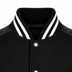 Women Black Varsity Jacket Sheepskin Leather Sleeve Style - RXD Leather 00329