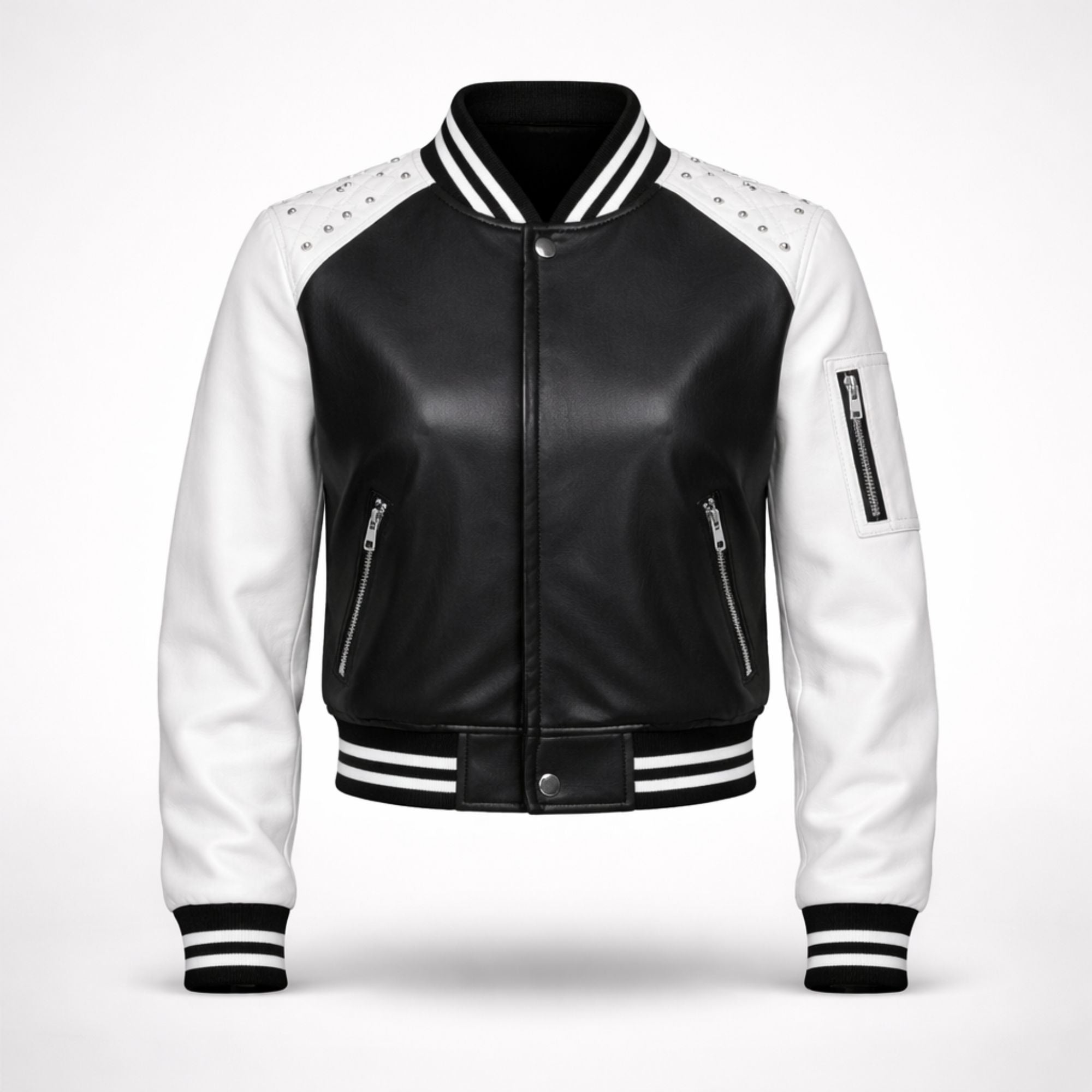 Women Black White Varsity Bomber Jacket Faux Leather Style Fit - RXD Leather 00328