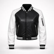 Women's black and white faux leather varsity bomber jacket – RXD Leather