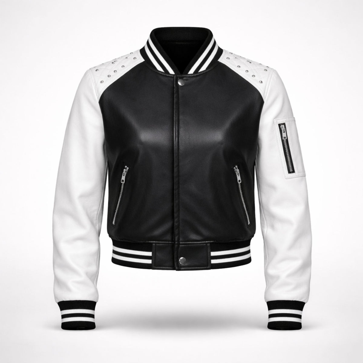 Women Black White Varsity Bomber Jacket Faux Leather Style Fit - RXD Leather 00328