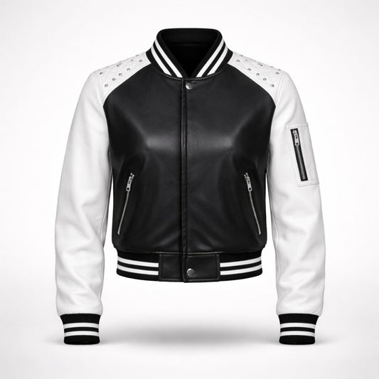 Women Black White Varsity Bomber Jacket Faux Leather Style Fit - RXD Leather 00328 2000