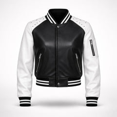 Women Black White Varsity Bomber Jacket Faux Leather Style Fit - RXD Leather 00328