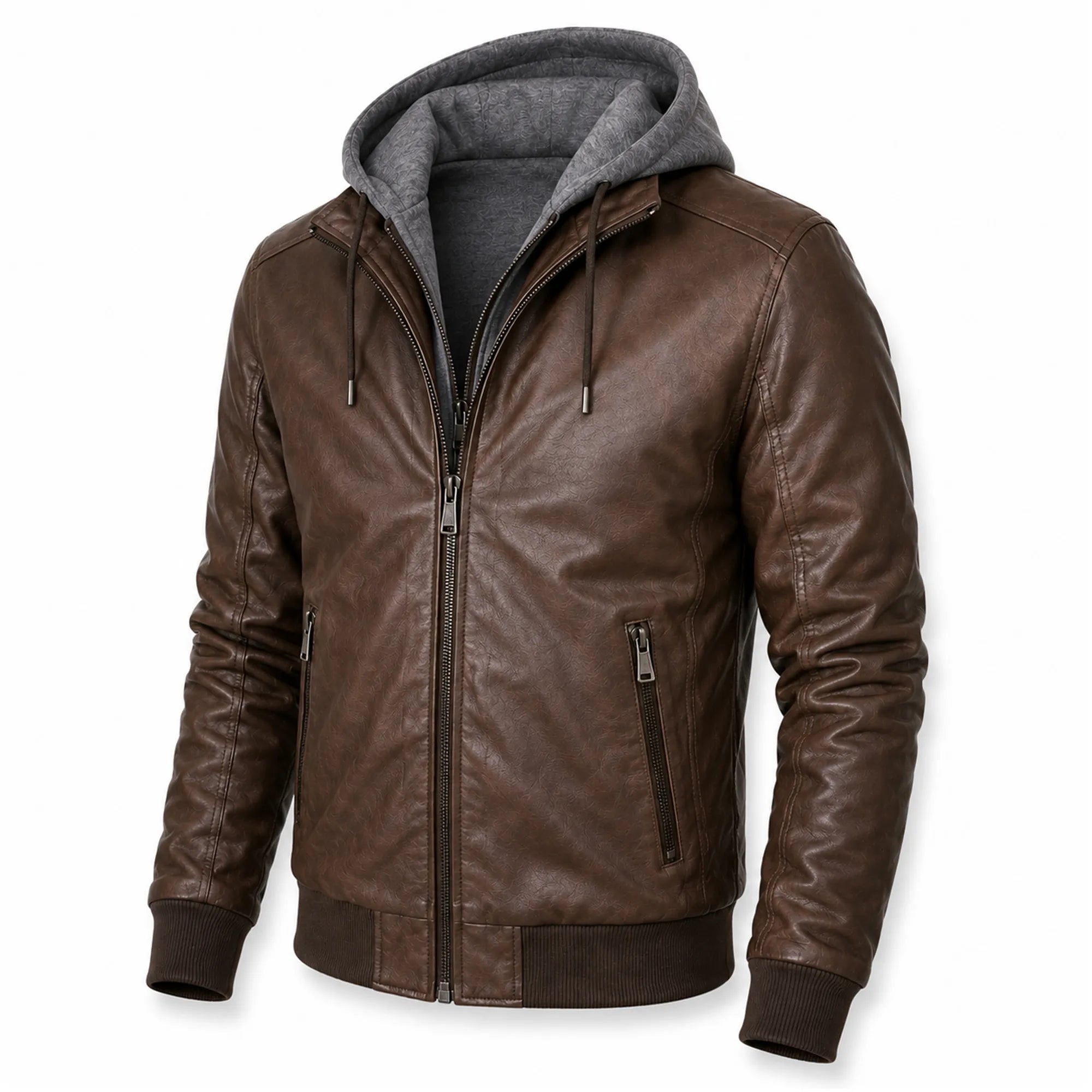 Men's Brown Leather Hooded Moto Biker Jacket Streetwear Fit Men - RXD Leather 00406