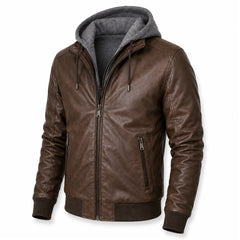 Men's Brown Leather Hooded Moto Biker Jacket Streetwear Fit Men - RXD Leather 00406