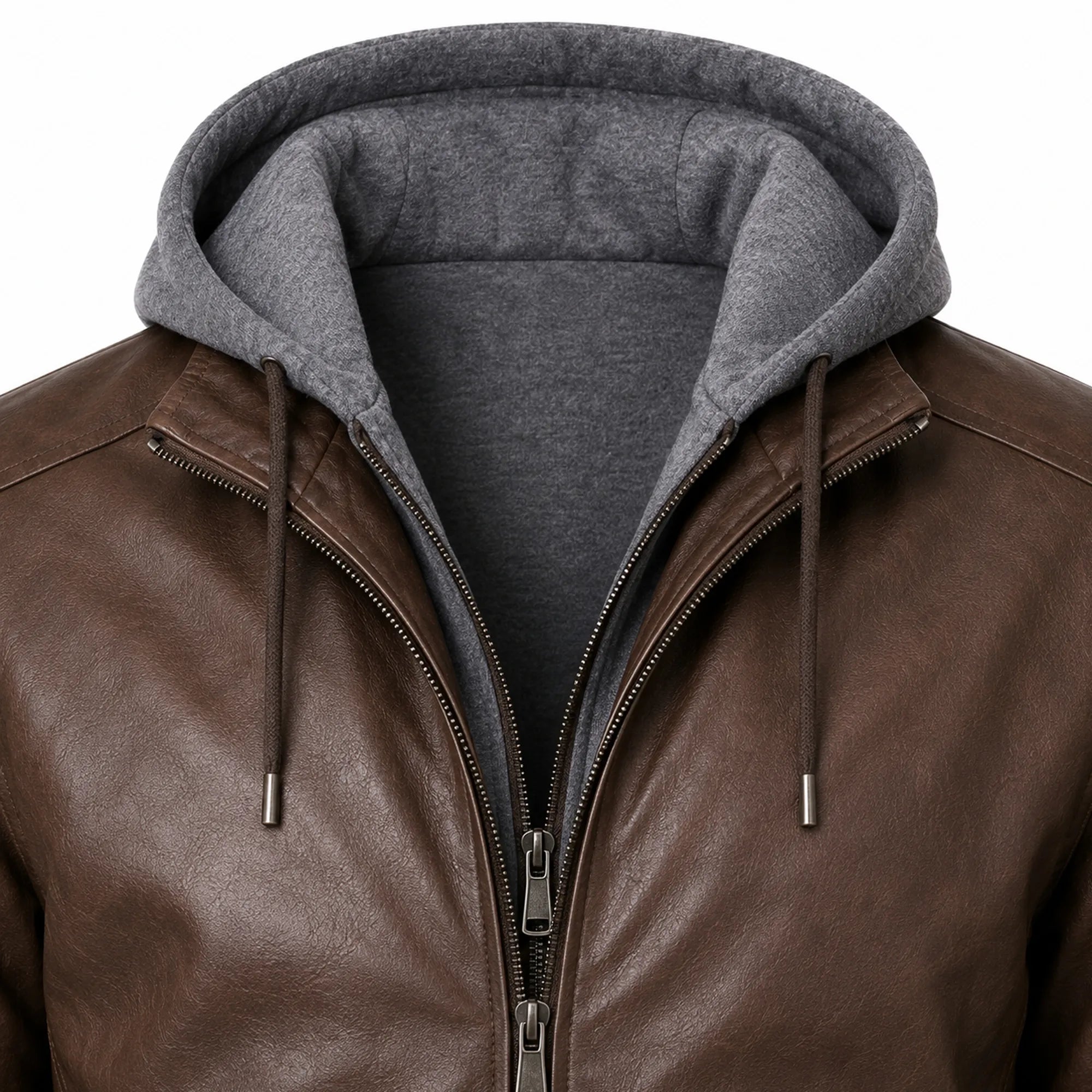 Men's Brown Leather Hooded Moto Biker Jacket Streetwear Fit Men - RXD Leather 00406
