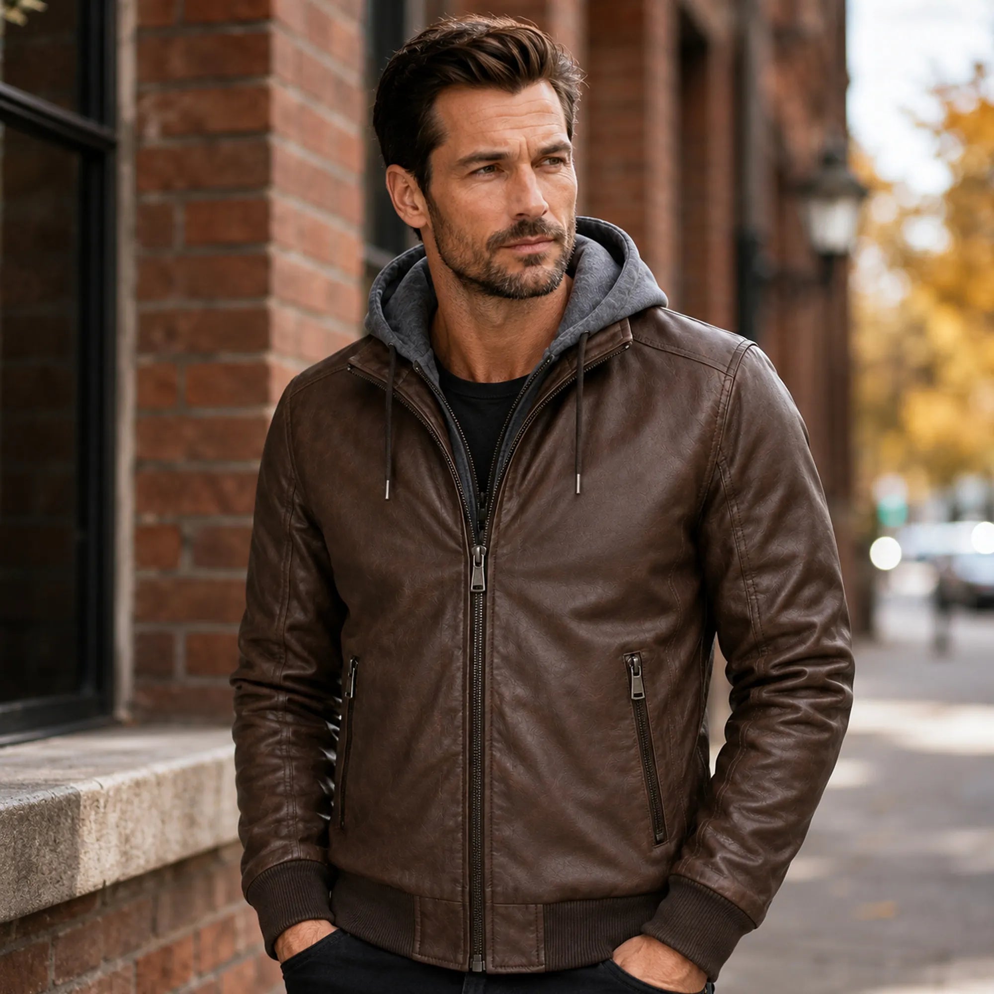 Men's Brown Leather Hooded Moto Biker Jacket Streetwear Fit Men - RXD Leather 00406