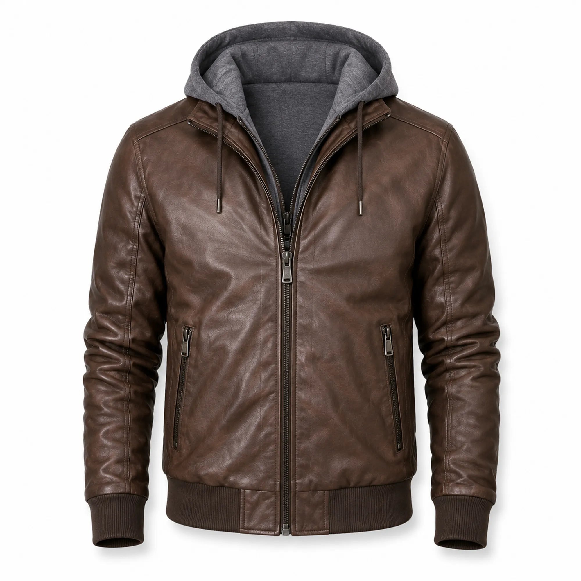 Men's Brown Leather Hooded Moto Biker Jacket Streetwear Fit Men - RXD Leather 00406