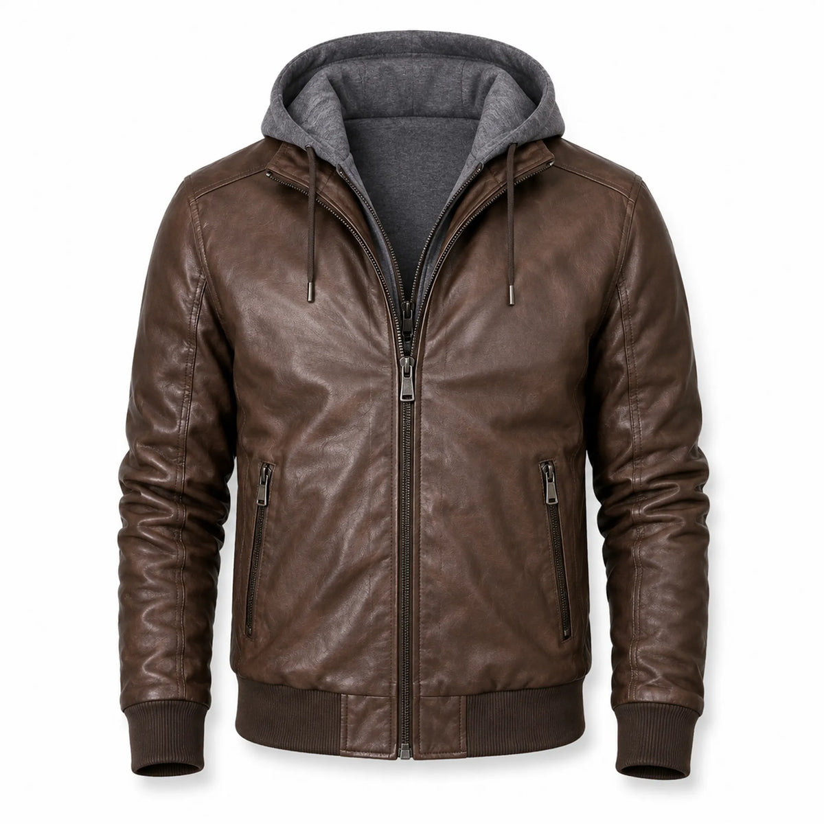 Men's Brown Leather Hooded Moto Biker Jacket Streetwear Fit Men - RXD Leather 00406