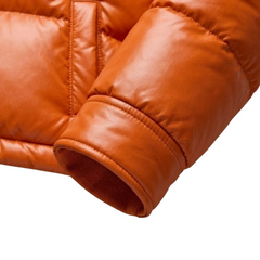 Women Orange Leather Puffer Jacket Faux Fur Hood Winter Style - RXD Leather 008