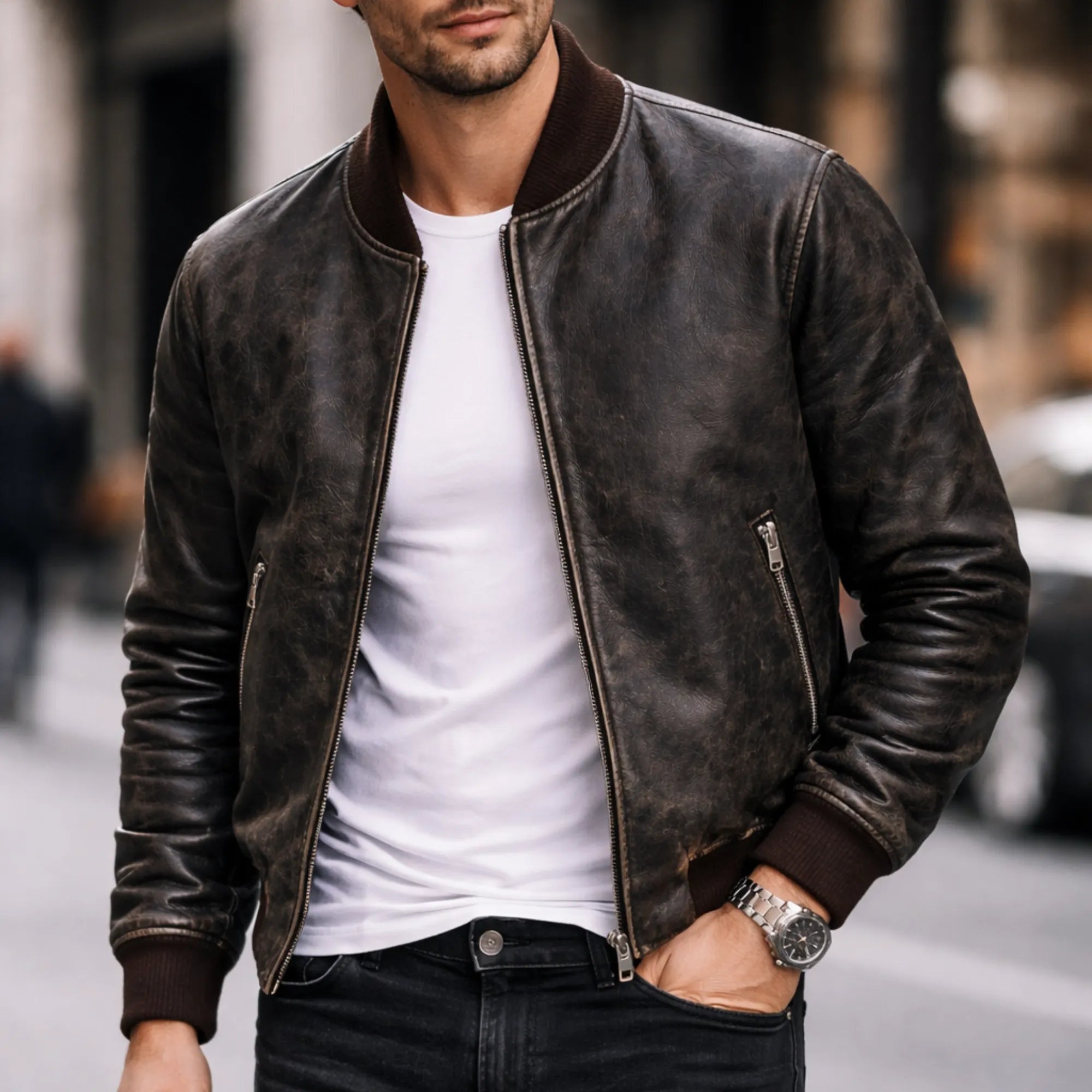 Mens Black Distressed Leather Bomber Jacket Classic Casual Style - RXD Leather 0039 