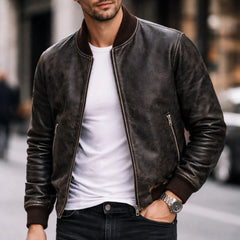 Mens Black Distressed Leather Bomber Jacket Classic Casual Style - RXD Leather 0039 