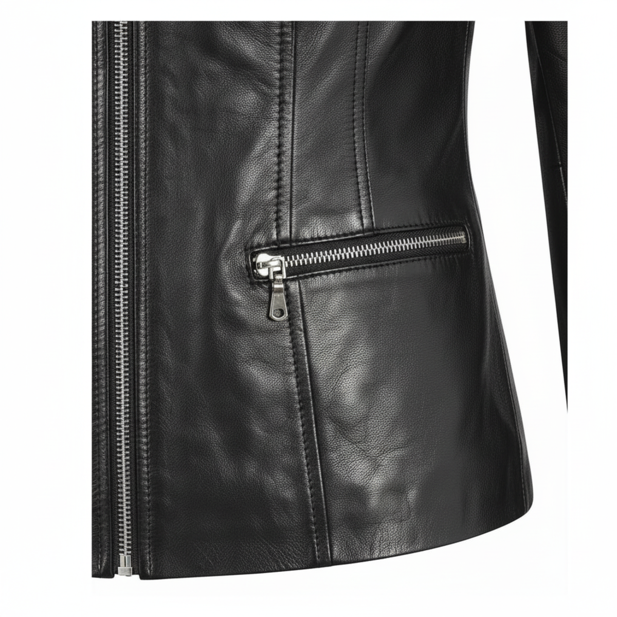 Women's black leather belted blazer detail – RXD Leather