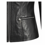 Women's black leather belted blazer detail – RXD Leather