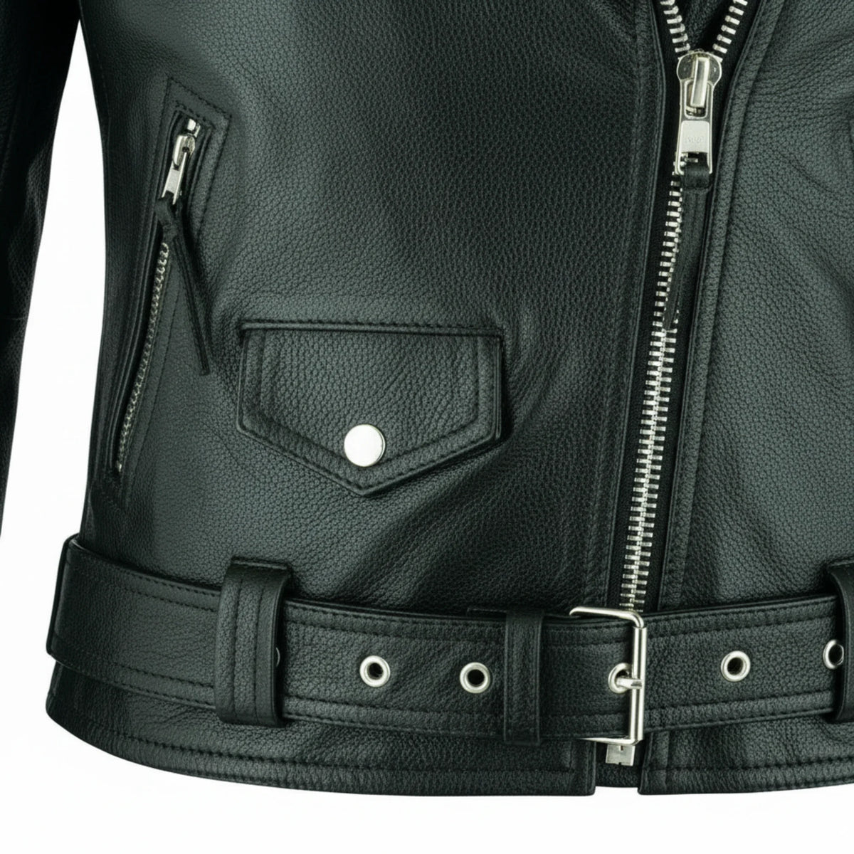 Women's black Brando leather biker jacket detail – RXD Leather