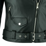 Women's black Brando leather biker jacket detail – RXD Leather