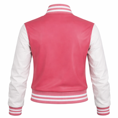 Women Pink White Varsity Bomber Jacket Casual Streetwear Style - RXD Leather 00364