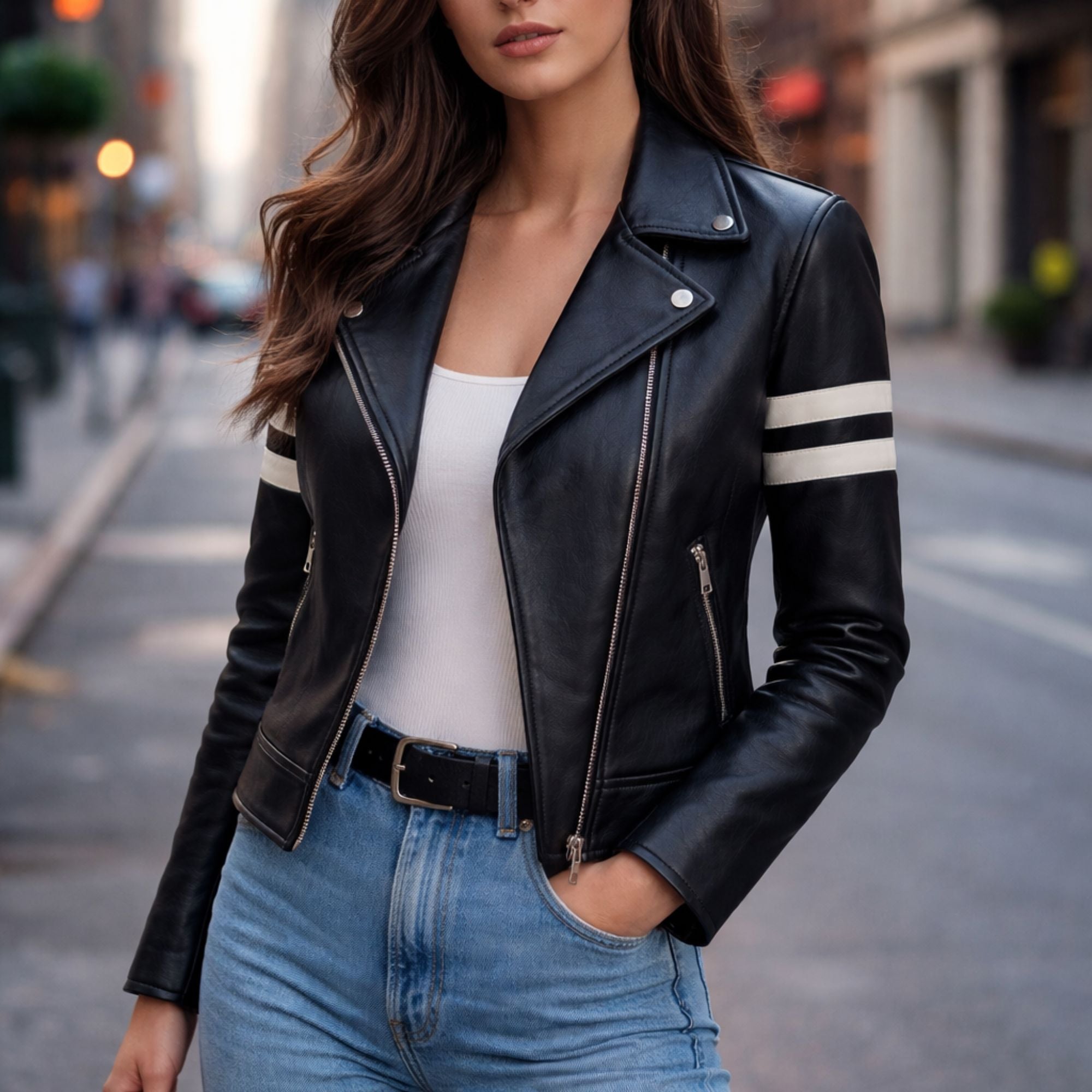 Women Black Leather Biker Jacket White Stripe Moto Style Outfit - RXD Leather 00358