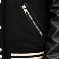 Women's black wool varsity jacket with leather sleeves back – RXD Leather