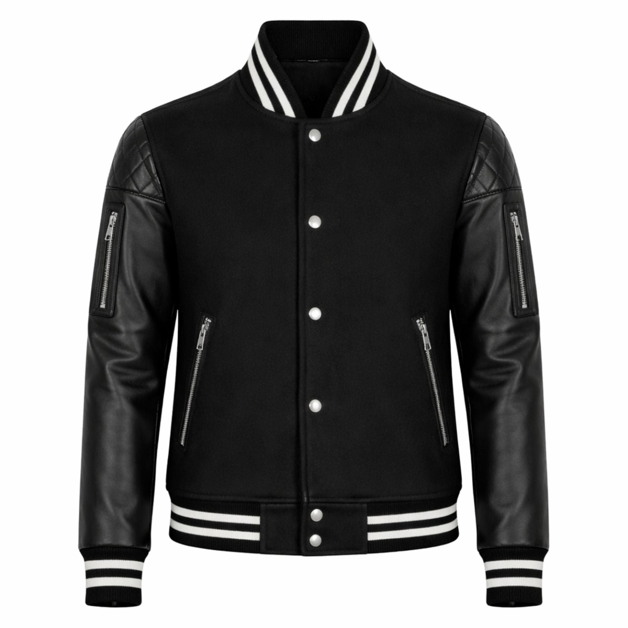 Women Black Varsity Jacket Sheepskin Leather Sleeve Style - RXD Leather 00329