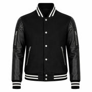 Women's black varsity jacket with leather sleeves – RXD Leather