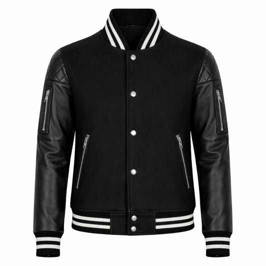 Women Black Varsity Jacket Sheepskin Leather Sleeve Style - RXD Leather 00329 2000