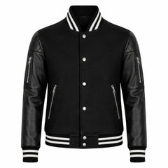 Women Black Varsity Jacket Sheepskin Leather Sleeve Style - RXD Leather 00329