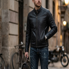 Men's Black Genuine Leather Motorcycle Jacket Stand Collar Style Outfit- RXD leather 002