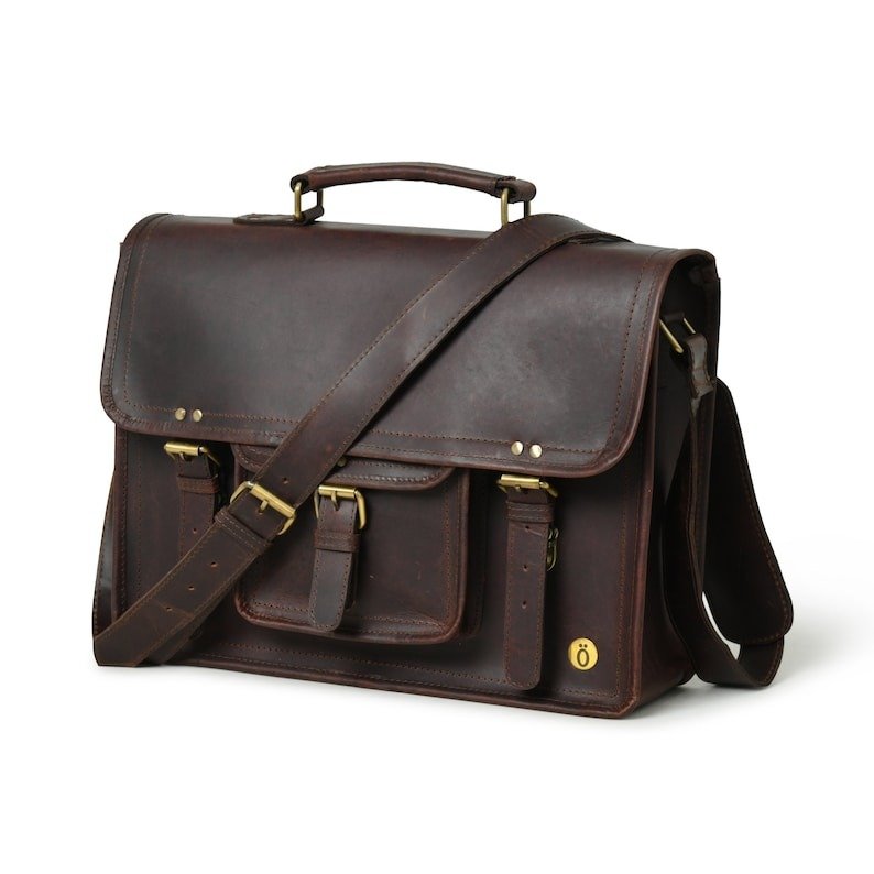 Vintage brown leather laptop bag detail – RXD Leather