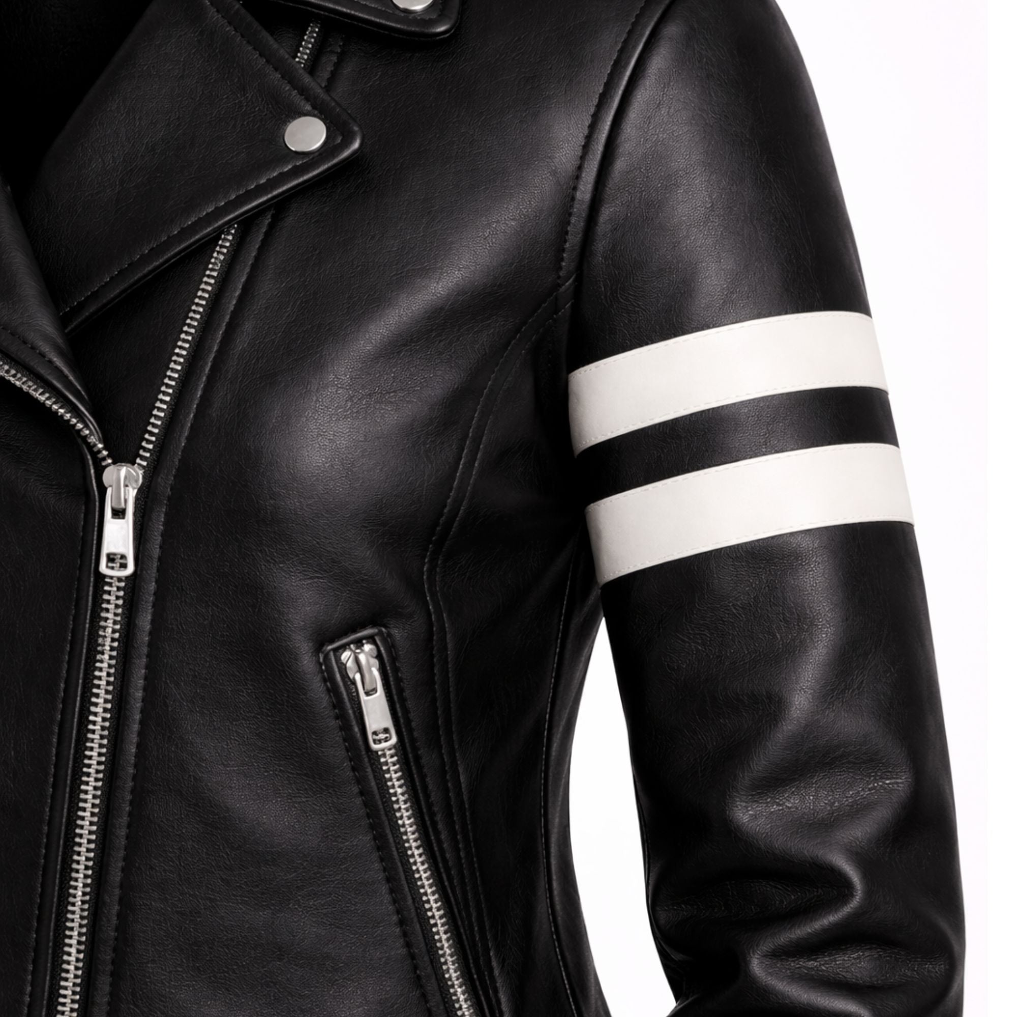 Women Black Leather Biker Jacket White Stripe Moto Style Outfit - RXD Leather 00358