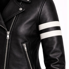 Women Black Leather Biker Jacket White Stripe Moto Style Outfit - RXD Leather 00358